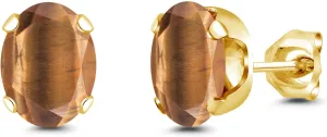 Gem Stone King 2.50 Cttw Oval 8X6MM Brown Tiger Eye Yellow Gold Plated Stud Earrings for Women