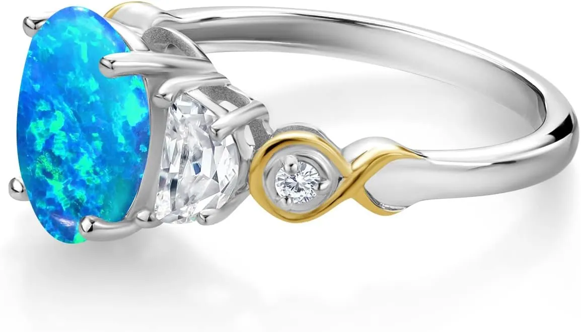 Gem Stone King 925 Silver and 10K Yellow Gold 3-Stone Ring Oval Cabochon Blue Simulated Opal and Half Moon Moissanite | 1.06 Cttw | Gemstone Birthstone | Available In Size 5, 6, 7, 8, 9