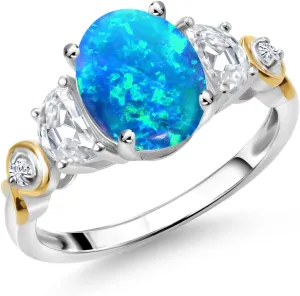 Gem Stone King 925 Silver and 10K Yellow Gold 3-Stone Ring Oval Cabochon Blue Simulated Opal and Half Moon Moissanite | 1.06 Cttw | Gemstone Birthstone | Available In Size 5, 6, 7, 8, 9