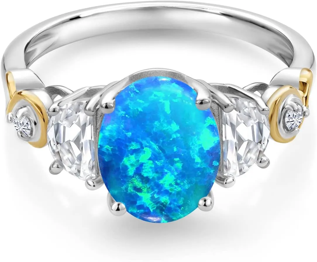 Gem Stone King 925 Silver and 10K Yellow Gold 3-Stone Ring Oval Cabochon Blue Simulated Opal and Half Moon Moissanite | 1.06 Cttw | Gemstone Birthstone | Available In Size 5, 6, 7, 8, 9