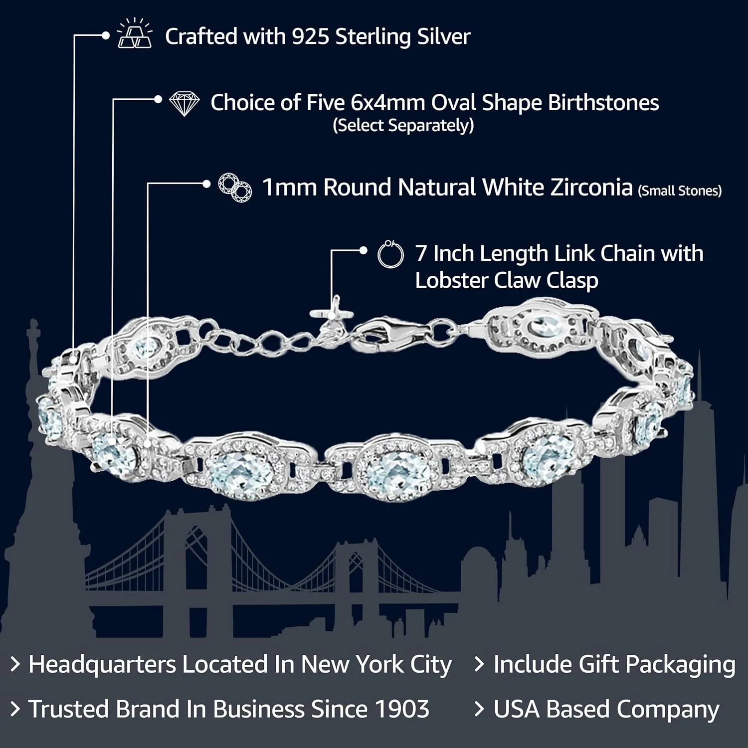 Gem Stone King 925 Sterling Silver Oval Gemstone Birthstone Tennis Bracelet For Women | Oval 6X4MM | 7 Inch With 1 Inch Extender | Fine Jewelry Gifts for Her Mom Women Wife
