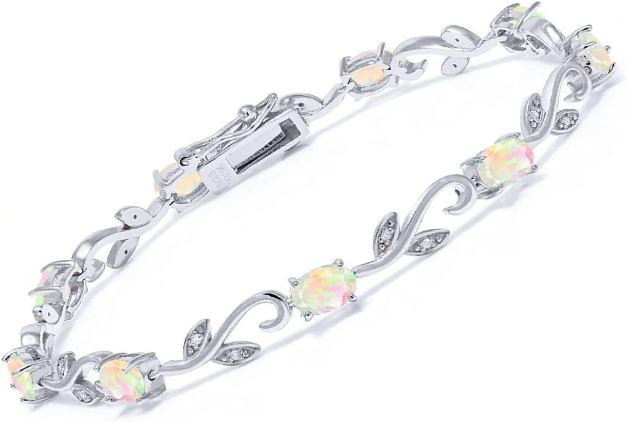 Gem Stone King 925 Sterling Silver Oval White Ethiopian Opal and White Diamond Tennis Bracelet For Women | 2.83 Cttw | Gemstone Birthstone | 7 Inch