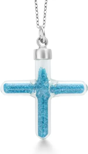 Gem Stone King Swiss Blue Topaz Dust in Glass Cross Pendant Necklace For Women | 925 Sterling Silver | Gemstone Birthstone | With 18 Inch Silver Chain