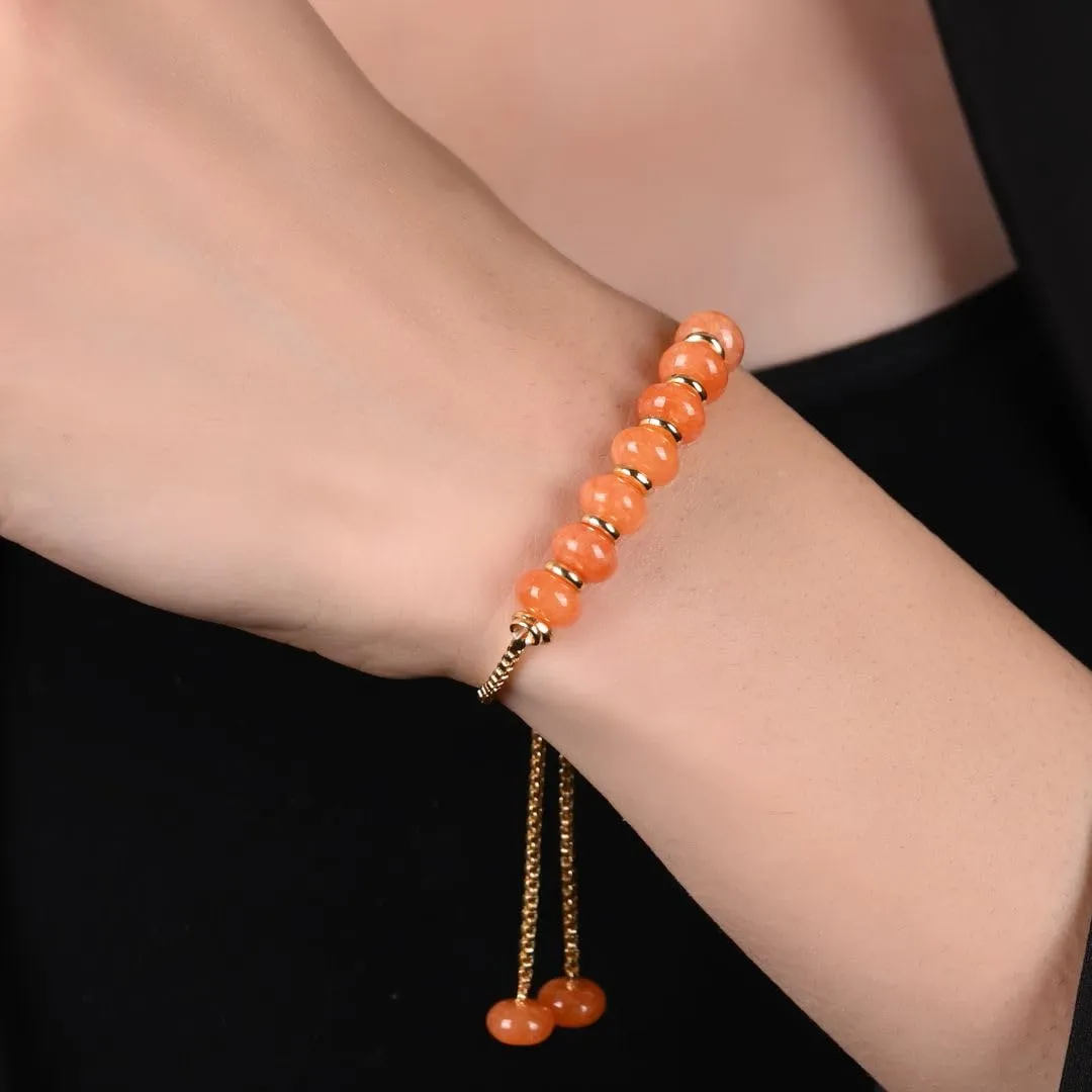 Gempires Orange Carnelian Round Beaded Bracelet Handmade Lightweight Crystal Jewelry Hypoallergenic 6-8 Inch Gold Plated Slider Bracelets For Women