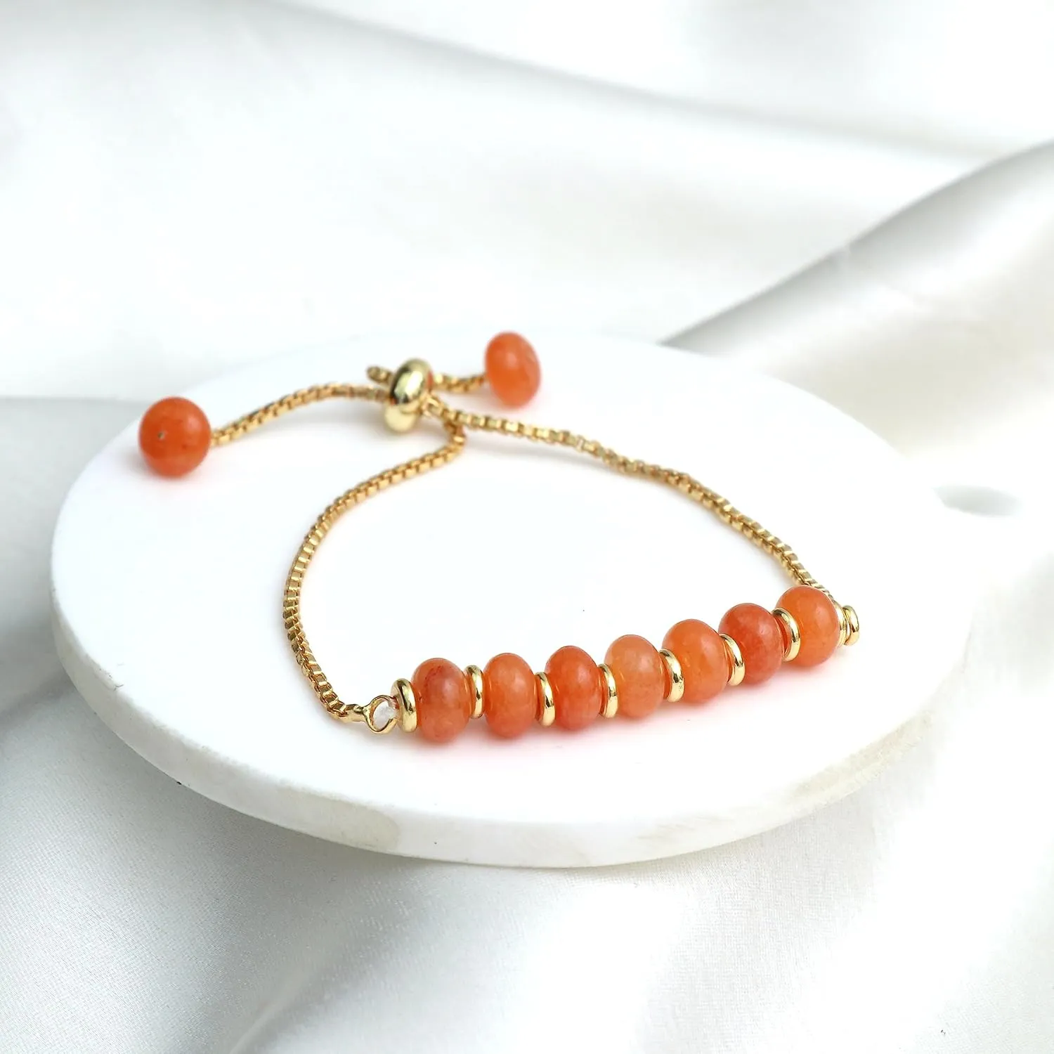 Gempires Orange Carnelian Round Beaded Bracelet Handmade Lightweight Crystal Jewelry Hypoallergenic 6-8 Inch Gold Plated Slider Bracelets For Women