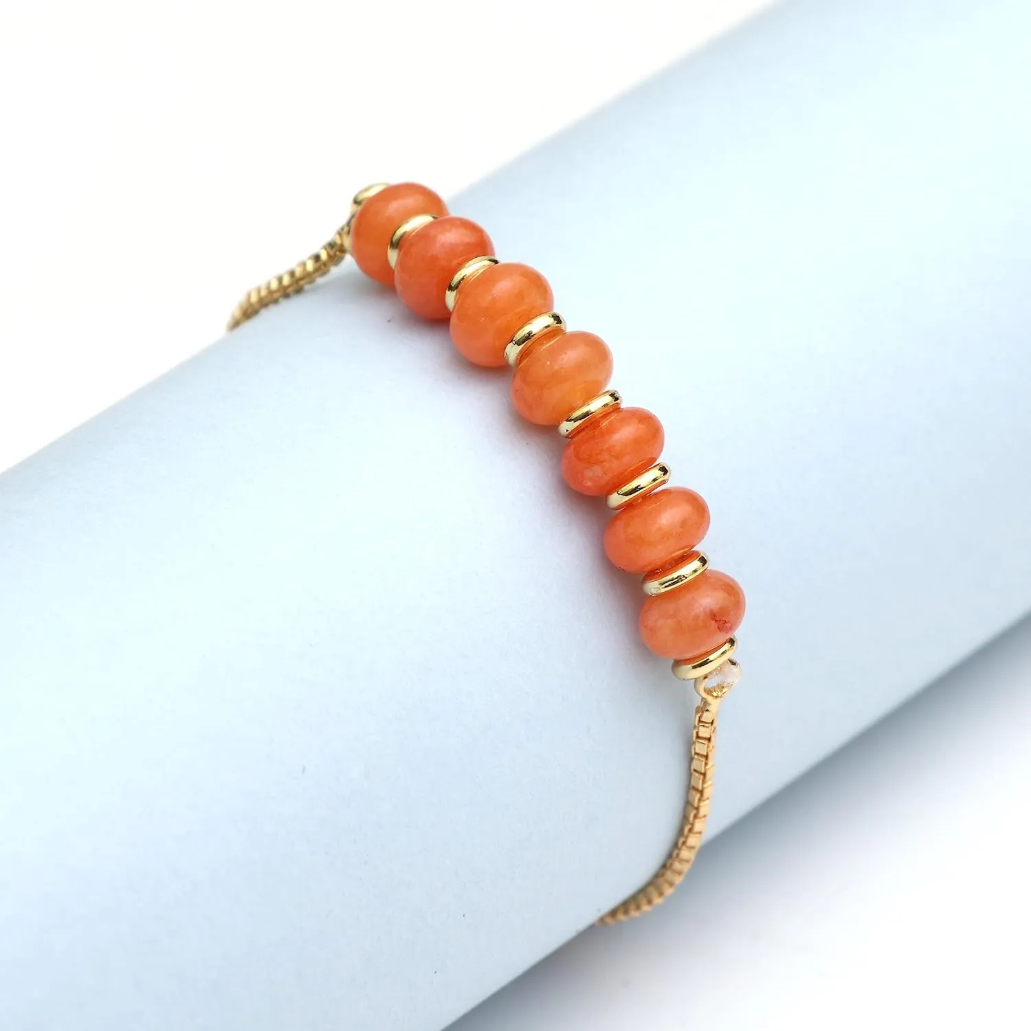 Gempires Orange Carnelian Round Beaded Bracelet Handmade Lightweight Crystal Jewelry Hypoallergenic 6-8 Inch Gold Plated Slider Bracelets For Women