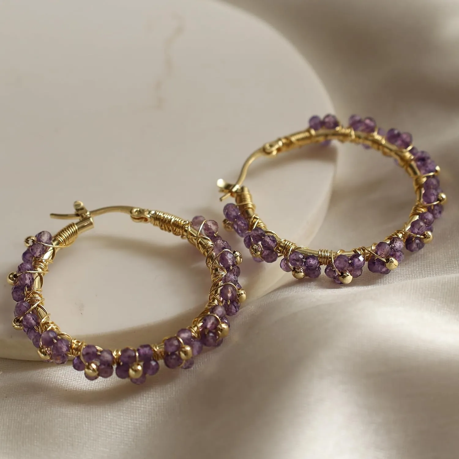 Gempires Purple Amethyst Beaded Earrings Febuary Birthstone Handmade Jewelry Hypoallergenic Gold Plated Wire Wrapped Gemstone Earrings For Women