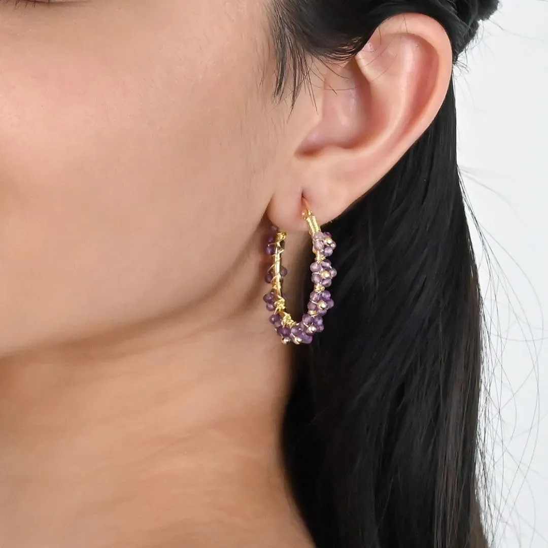 Gempires Purple Amethyst Beaded Earrings Febuary Birthstone Handmade Jewelry Hypoallergenic Gold Plated Wire Wrapped Gemstone Earrings For Women