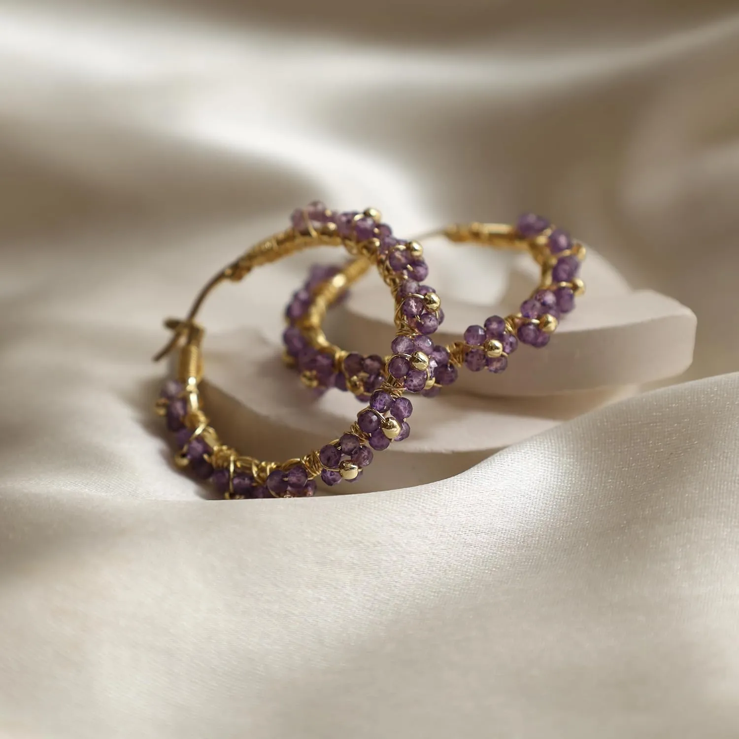 Gempires Purple Amethyst Beaded Earrings Febuary Birthstone Handmade Jewelry Hypoallergenic Gold Plated Wire Wrapped Gemstone Earrings For Women