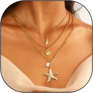 GIGB PBDK Gold Starfish Shell Conch Necklace Sets for Women Boho Adjustable Layered Sea Star Pendant Choker Fashion Pearl Chain Ocean Beach Holiday Jewelry Gift