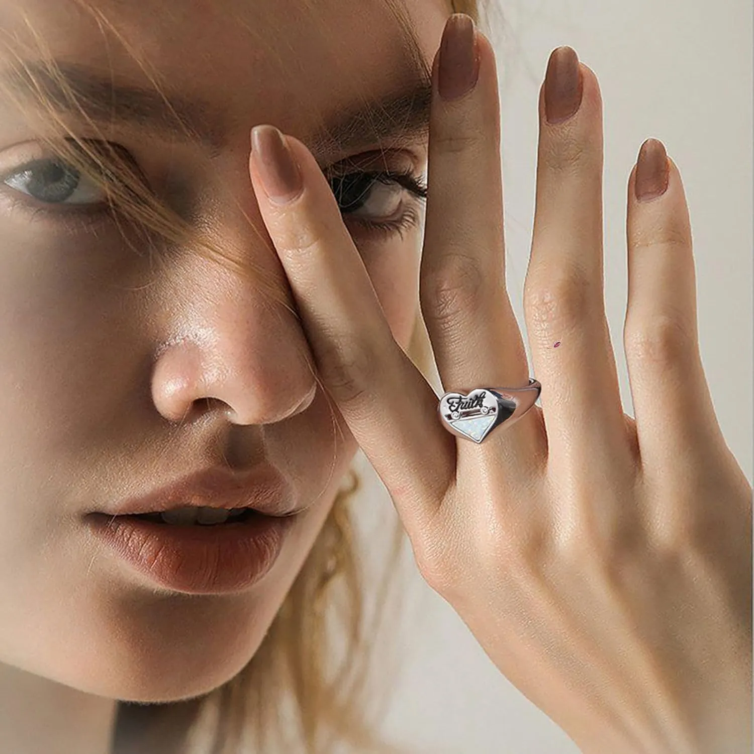 Ginger Lyne Collection Heart Ring for Women Sterling Silver Engraved Faith Created Australian Fire Opal Clear Cubic Zirconia