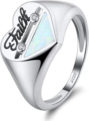 Ginger Lyne Collection Heart Ring for Women Sterling Silver Engraved Faith Created Australian Fire Opal Clear Cubic Zirconia