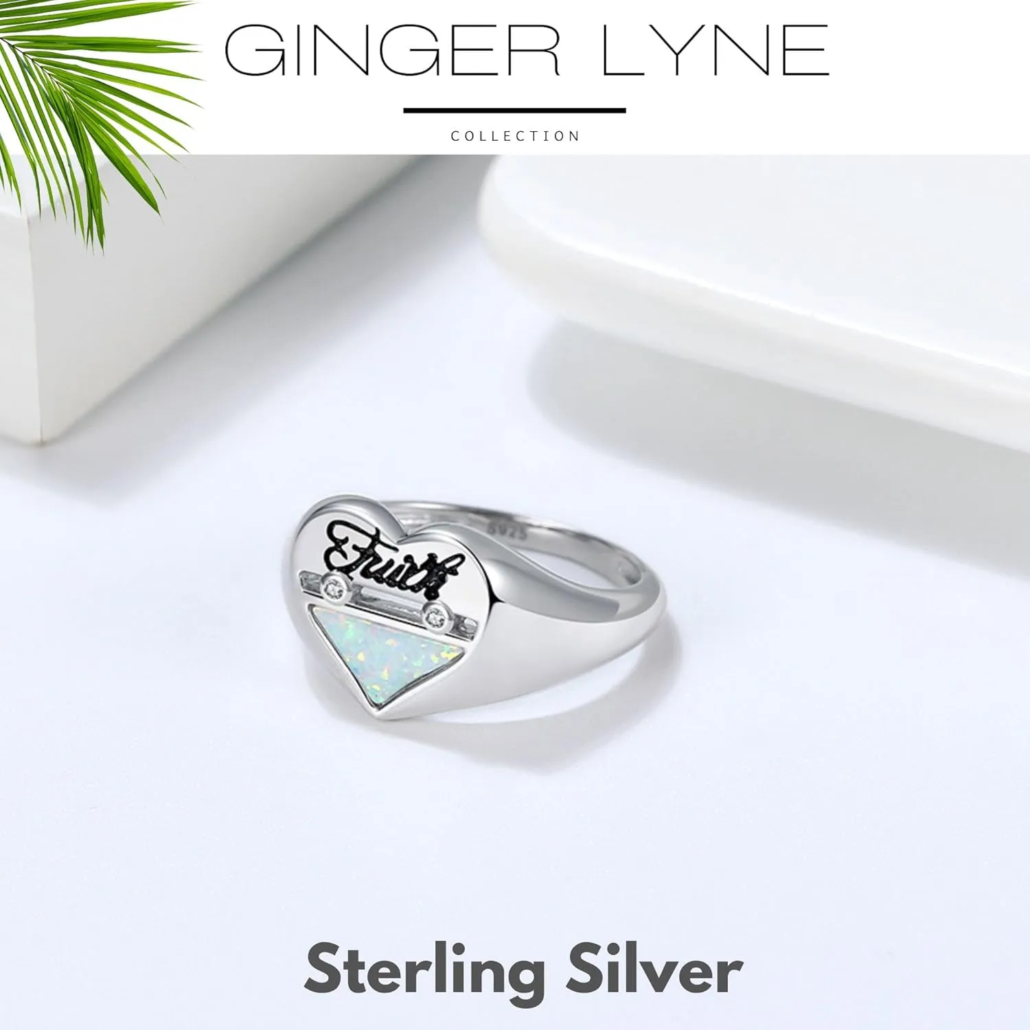 Ginger Lyne Collection Heart Ring for Women Sterling Silver Engraved Faith Created Australian Fire Opal Clear Cubic Zirconia