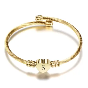 Girls Gold Color Stainless Steel Heart Bracelet Bangle With Letter Initial