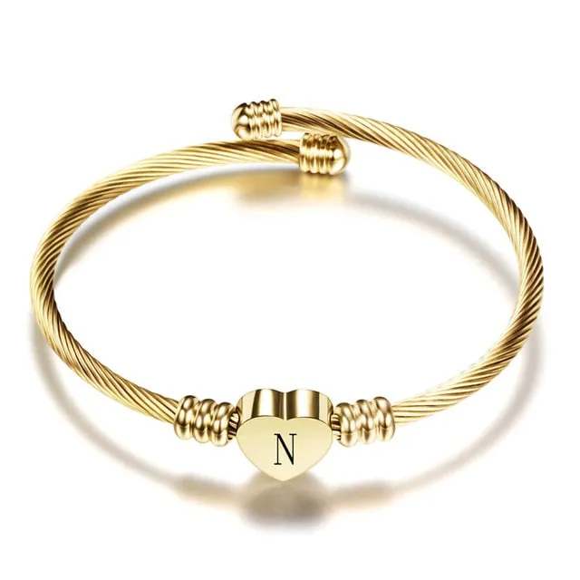 Girls Gold Color Stainless Steel Heart Bracelet Bangle With Letter Initial