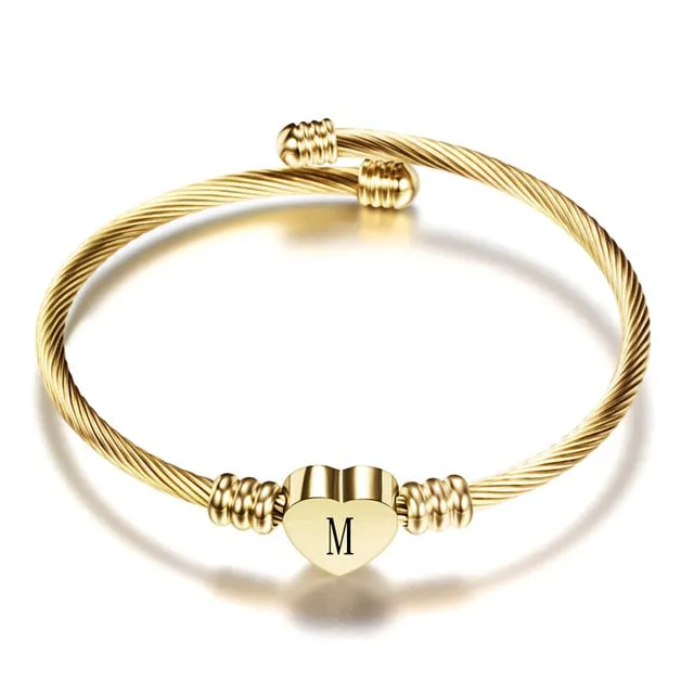 Girls Gold Color Stainless Steel Heart Bracelet Bangle With Letter Initial