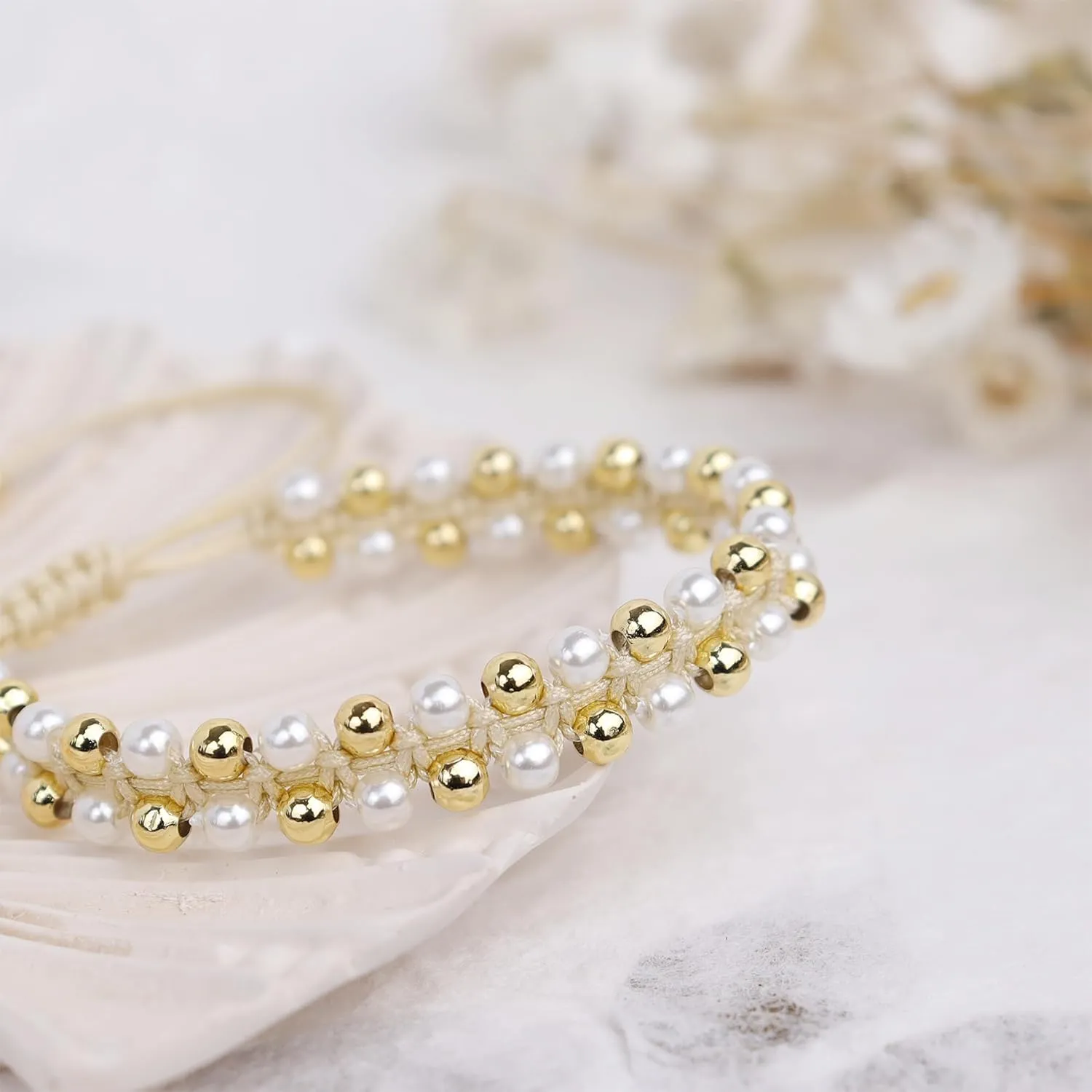 Gold Ball Beads String Bracelets for Women, Charm Handmade Adjustable Boho Braided Rope Friendship Bracelet Summer Beach Jewelry Gift