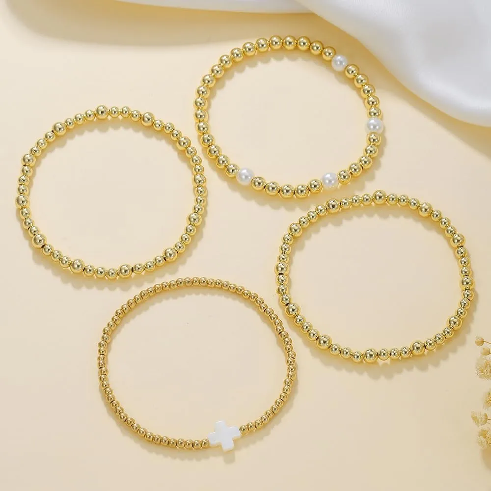 Gold Beaded Bracelets for Women - 14K Gold Plated Bracelets Gold Stretch Bead Ball Bracelet stack Set Adjustable Bracelet Set Jewelry for Gifts