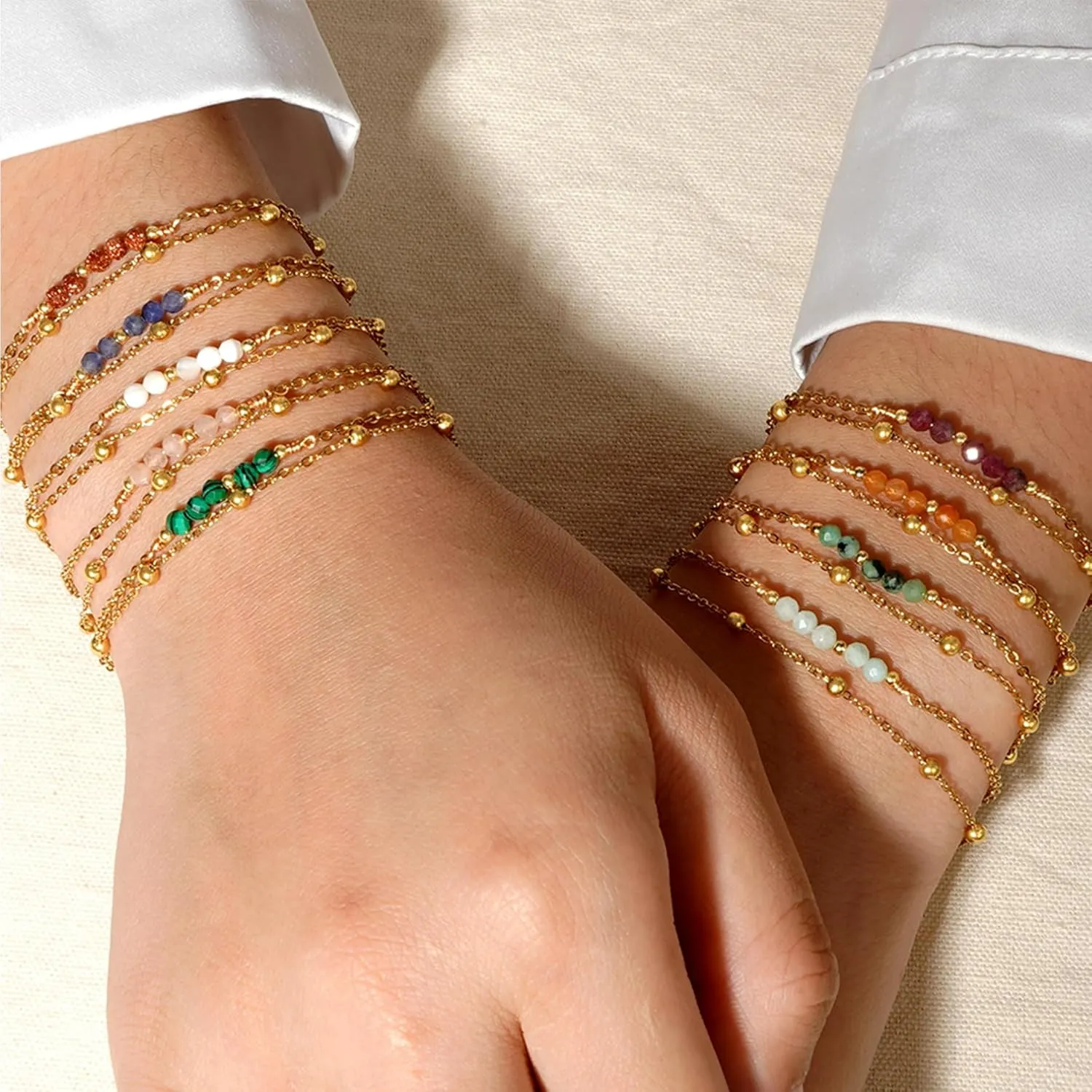 Gold Beaded Layered Chain Bracelets for Women, Dainty Boho Crystal Stone Beads Adjustable Stackable Bracelet Prom Wedding Friendship Jewelry Gift