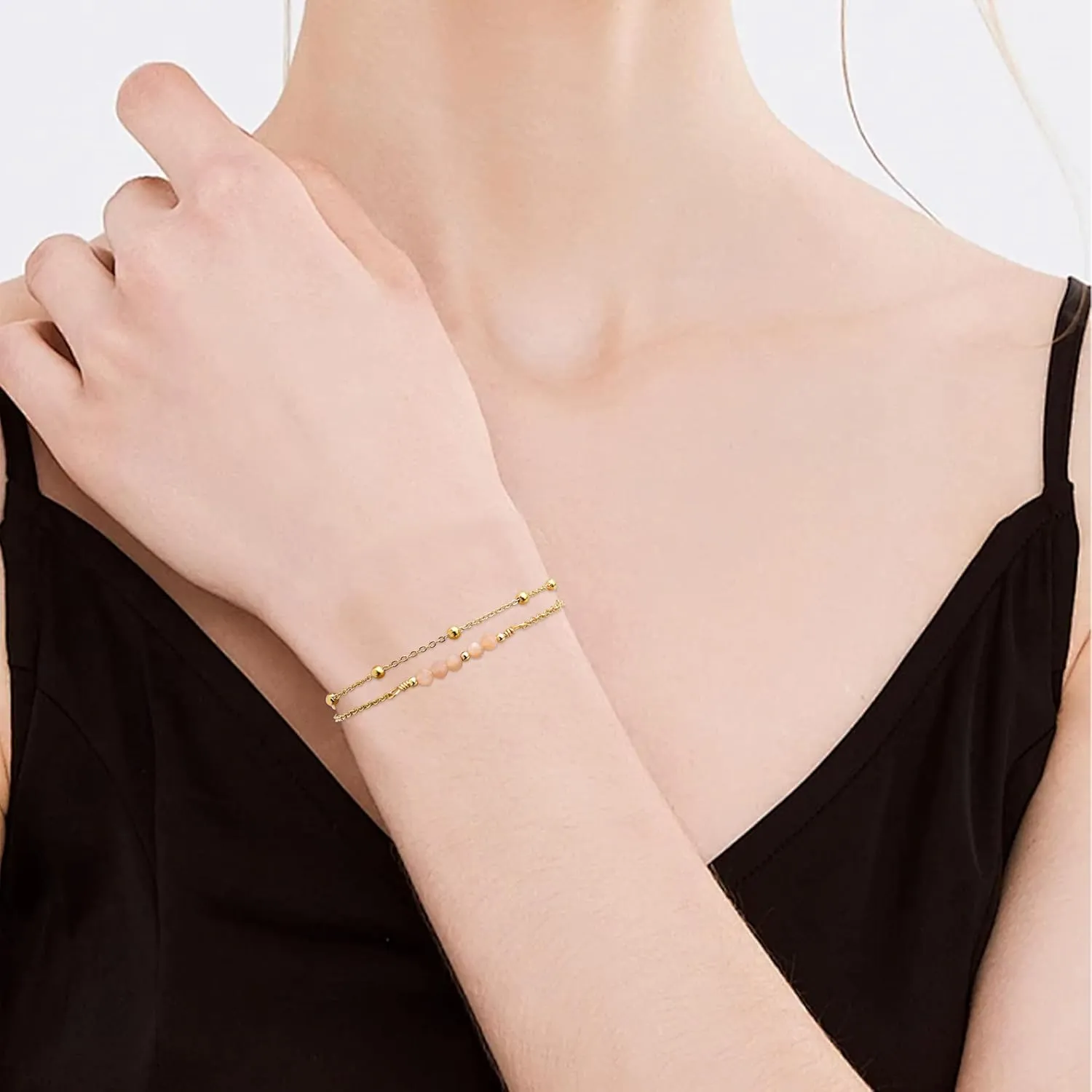 Gold Beaded Layered Chain Bracelets for Women, Dainty Boho Crystal Stone Beads Adjustable Stackable Bracelet Prom Wedding Friendship Jewelry Gift