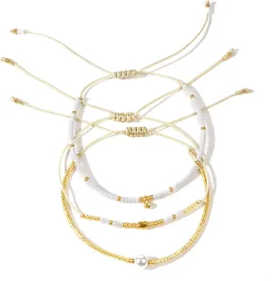 Gold Beaded Stack Friendship Bracelets Set for Women, 3pcs Dainty Boho White Beads Pearl Adjustable Stackable Charm Bracelet Fashion Jewelry Gift