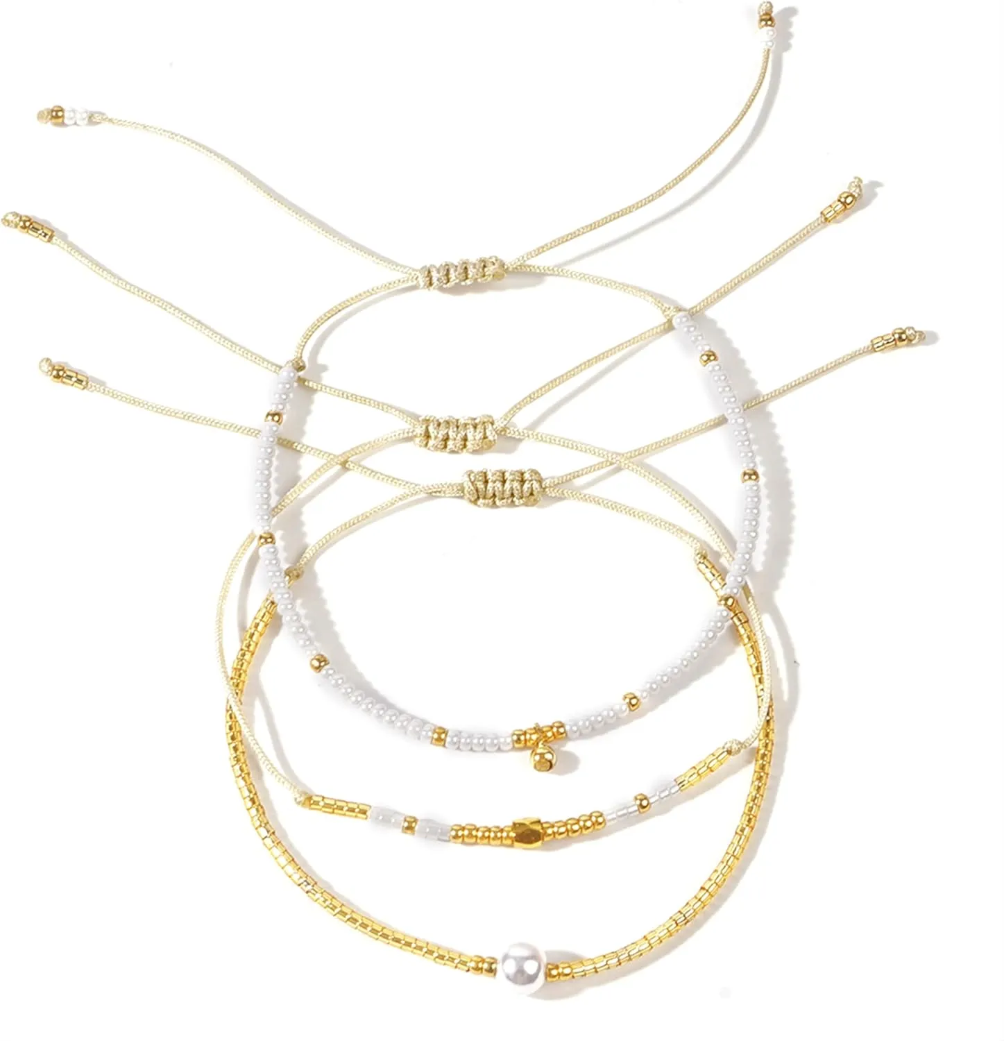 Gold Beaded Stack Friendship Bracelets Set for Women, 3pcs Dainty Boho White Beads Pearl Adjustable Stackable Charm Bracelet Fashion Jewelry Gift