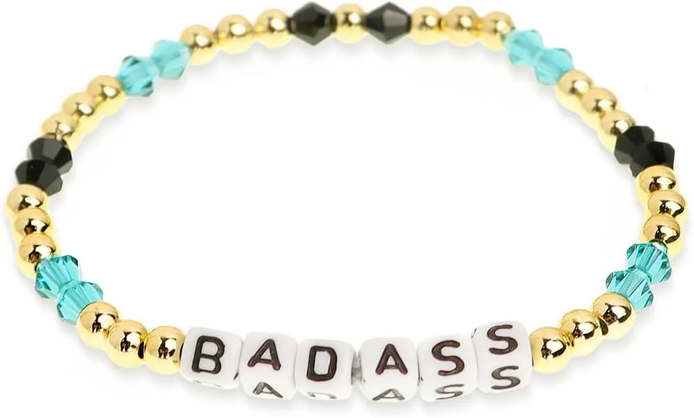 Gold Beaded Stretch Bracelets for Women Badass Letter Crystal Green Beads Bracelet