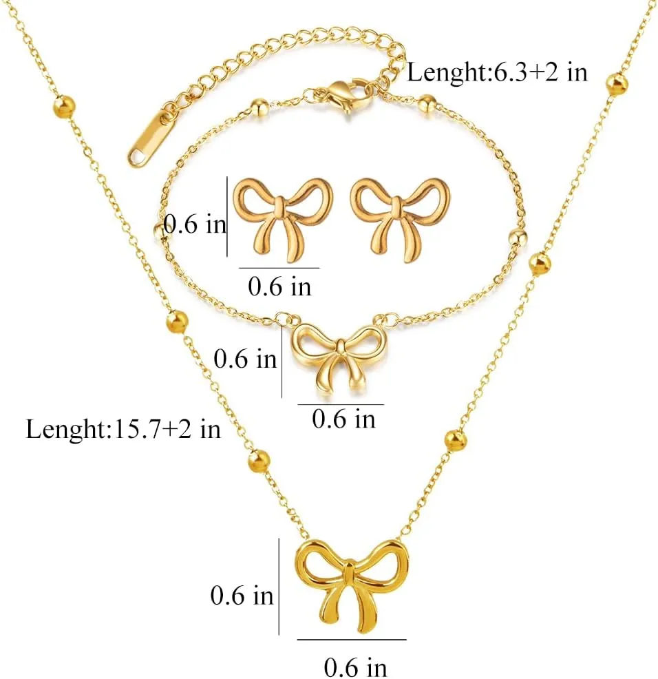 Gold Bow Necklace Bracelet Earrings Set for Women Gold Bowknot Choker Necklace Ribbon Stud Earrings Silver Bow Bracelet Christmas Holiday Jewelry