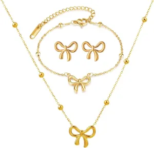 Gold Bow Necklace Bracelet Earrings Set for Women Gold Bowknot Choker Necklace Ribbon Stud Earrings Silver Bow Bracelet Christmas Holiday Jewelry
