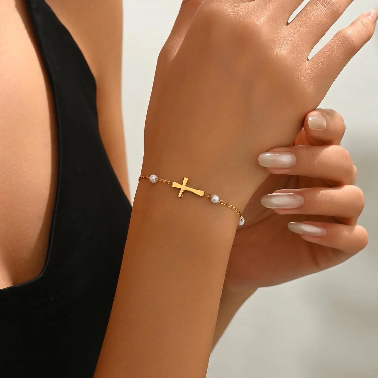 Gold Bracelets for Women 18K Gold Plated Sideways Cross Bracelet Dainty Gold and Pearl Beaded Bracelets Non Tarnish Religious Gold Jewelry Gifts