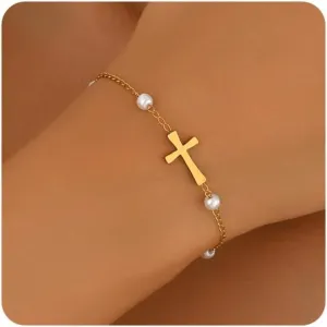 Gold Bracelets for Women 18K Gold Plated Sideways Cross Bracelet Dainty Gold and Pearl Beaded Bracelets Non Tarnish Religious Gold Jewelry Gifts