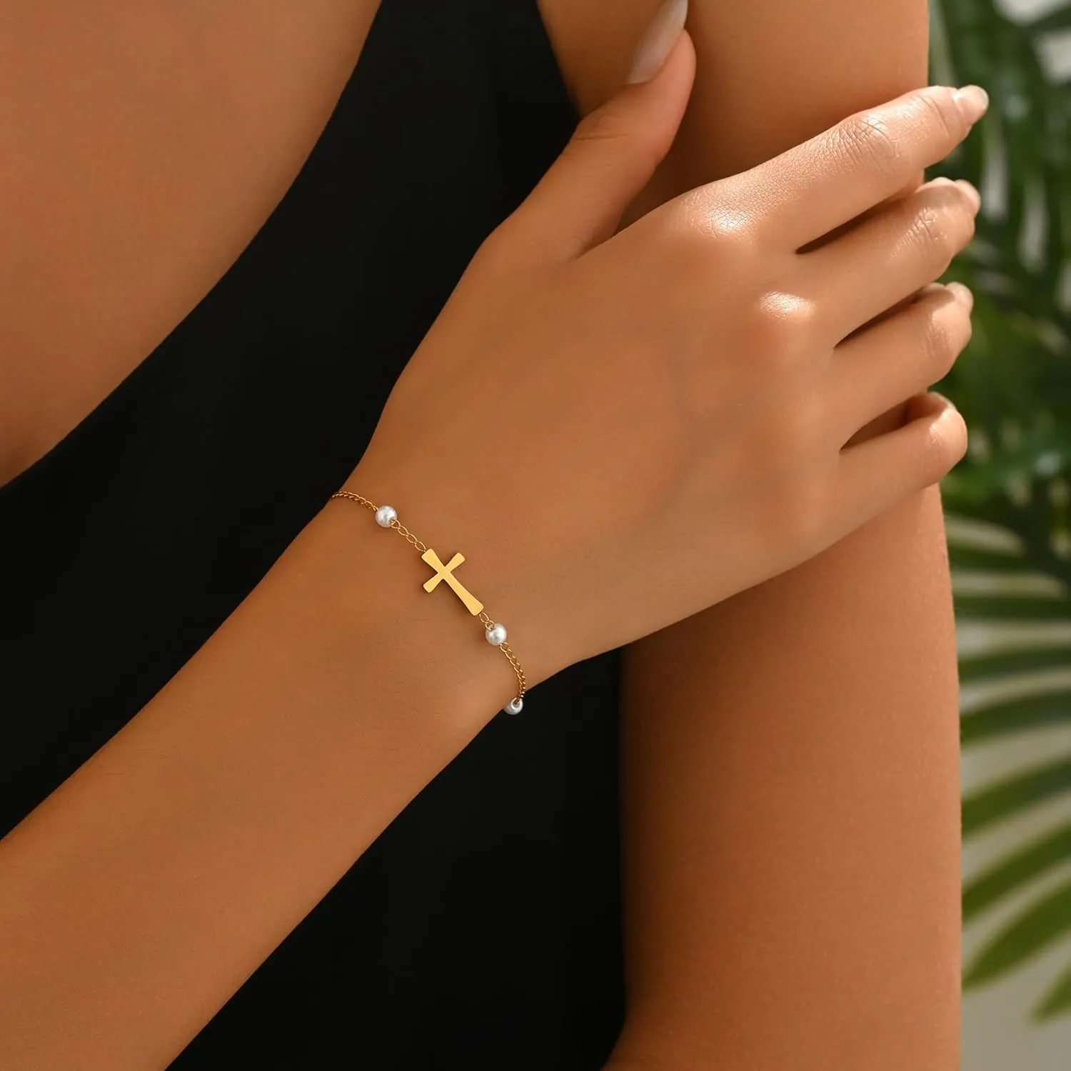 Gold Bracelets for Women 18K Gold Plated Sideways Cross Bracelet Dainty Gold and Pearl Beaded Bracelets Non Tarnish Religious Gold Jewelry Gifts