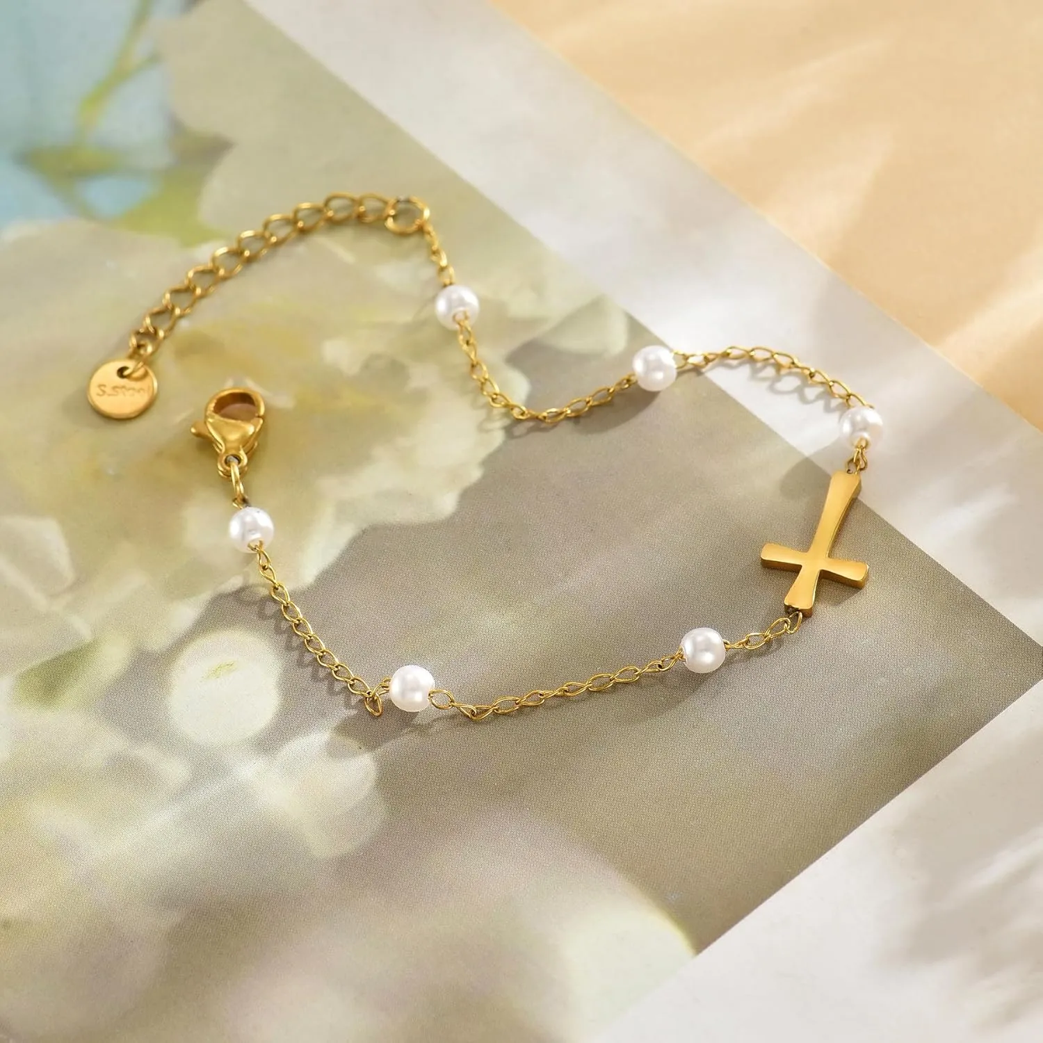 Gold Bracelets for Women 18K Gold Plated Sideways Cross Bracelet Dainty Gold and Pearl Beaded Bracelets Non Tarnish Religious Gold Jewelry Gifts