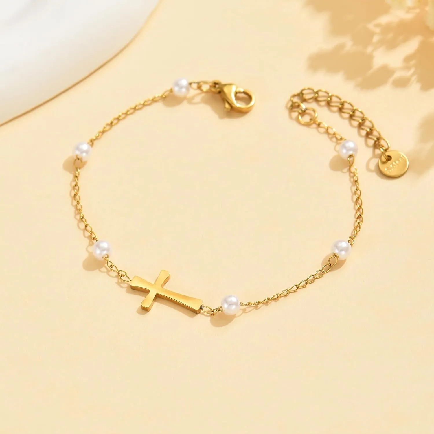 Gold Bracelets for Women 18K Gold Plated Sideways Cross Bracelet Dainty Gold and Pearl Beaded Bracelets Non Tarnish Religious Gold Jewelry Gifts