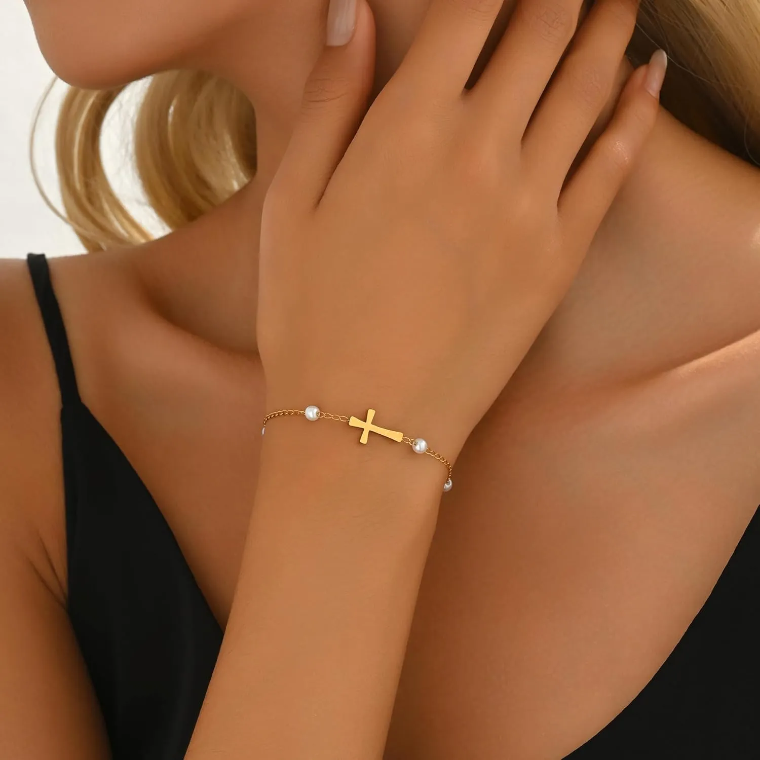 Gold Bracelets for Women 18K Gold Plated Sideways Cross Bracelet Dainty Gold and Pearl Beaded Bracelets Non Tarnish Religious Gold Jewelry Gifts