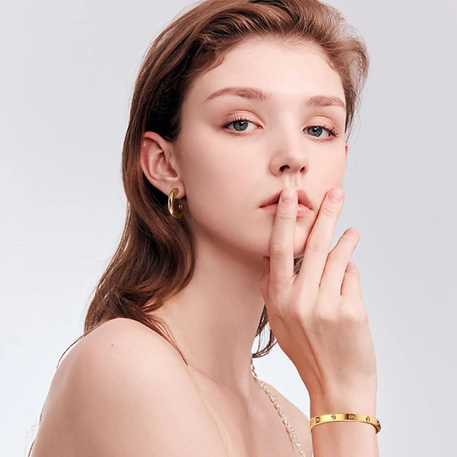 Gold Bracelets for Women,Chunky Open Hoop Earrings for Women,14K Gold Plated Friendship Bracelets Bangle Stainless Steel Jewelry Sets Valentines Christmas Gifts for Women