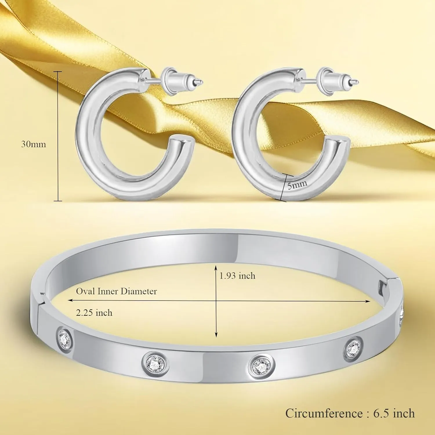 Gold Bracelets for Women,Chunky Open Hoop Earrings for Women,14K Gold Plated Friendship Bracelets Bangle Stainless Steel Jewelry Sets Valentines Christmas Gifts for Women