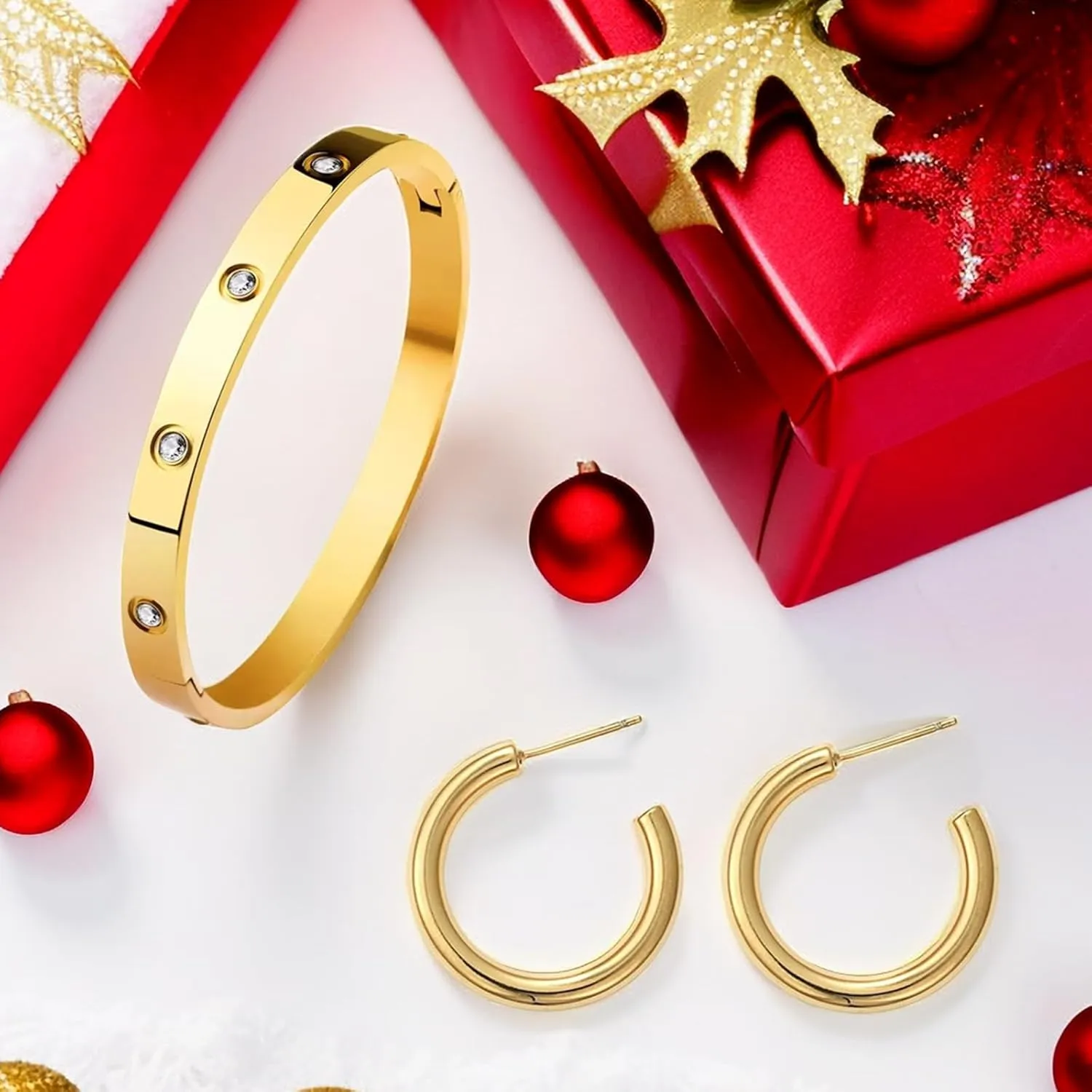Gold Bracelets for Women,Chunky Open Hoop Earrings for Women,14K Gold Plated Friendship Bracelets Bangle Stainless Steel Jewelry Sets Valentines Christmas Gifts for Women