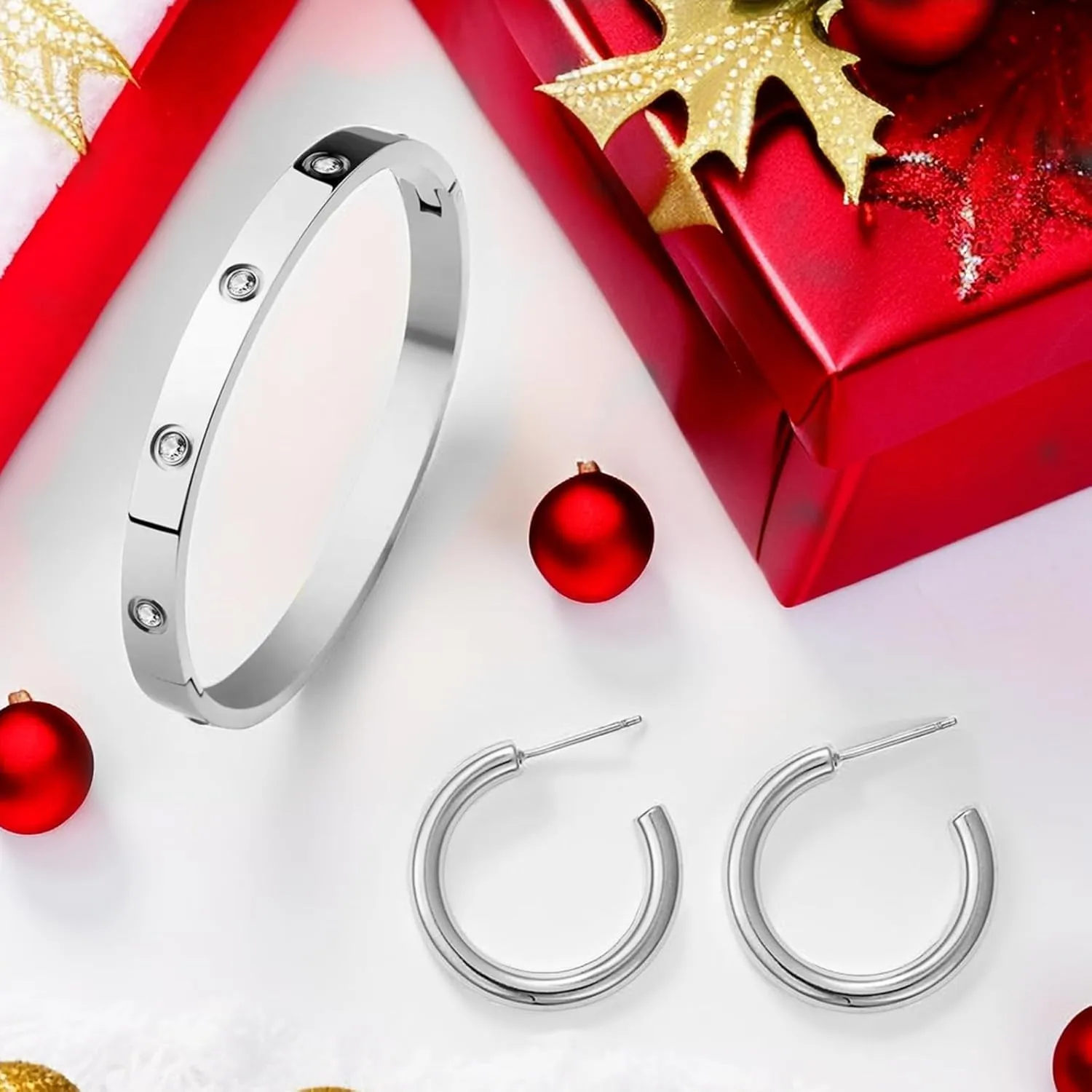 Gold Bracelets for Women,Chunky Open Hoop Earrings for Women,14K Gold Plated Friendship Bracelets Bangle Stainless Steel Jewelry Sets Valentines Christmas Gifts for Women