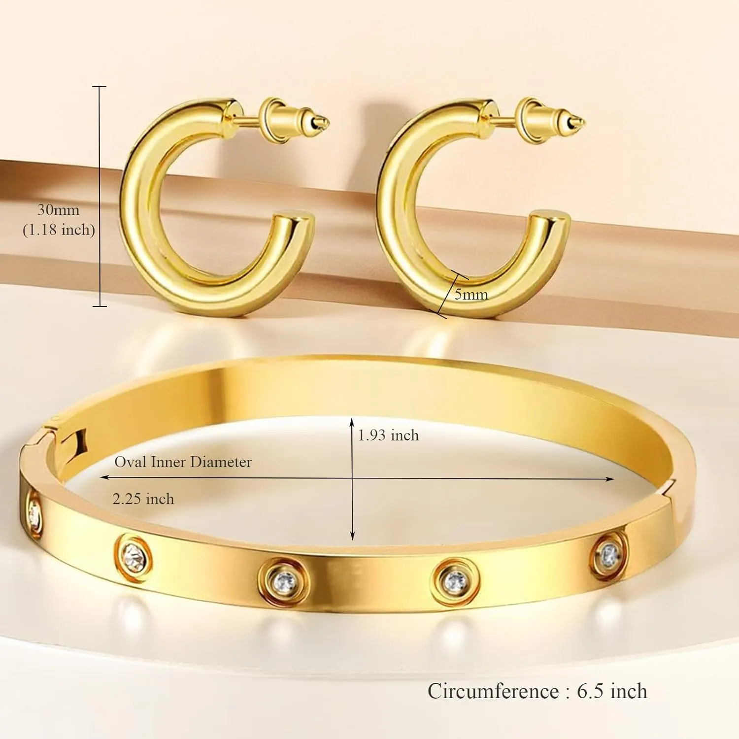 Gold Bracelets for Women,Chunky Open Hoop Earrings for Women,14K Gold Plated Friendship Bracelets Bangle Stainless Steel Jewelry Sets Valentines Christmas Gifts for Women