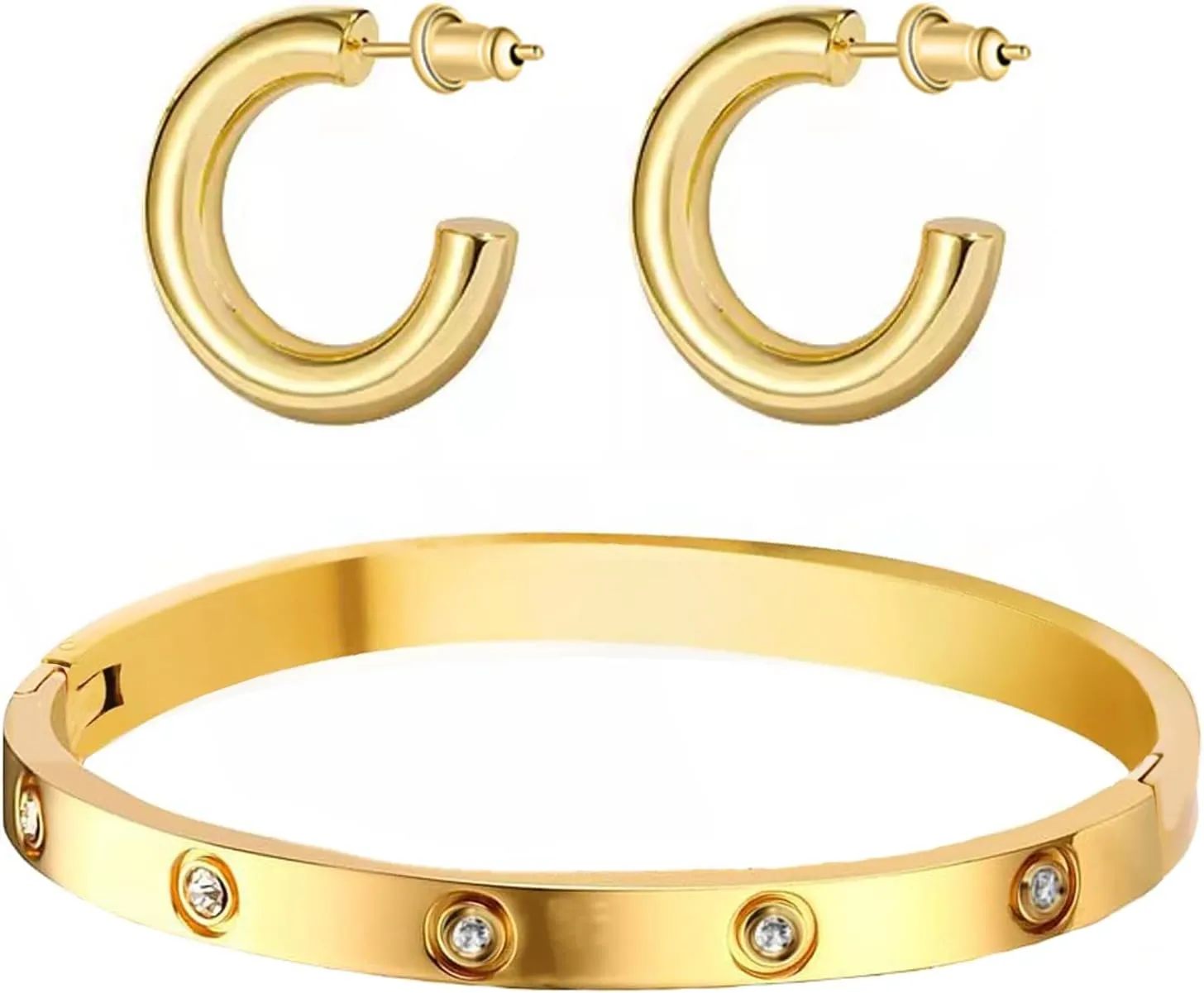 Gold Bracelets for Women,Chunky Open Hoop Earrings for Women,14K Gold Plated Friendship Bracelets Bangle Stainless Steel Jewelry Sets Valentines Christmas Gifts for Women