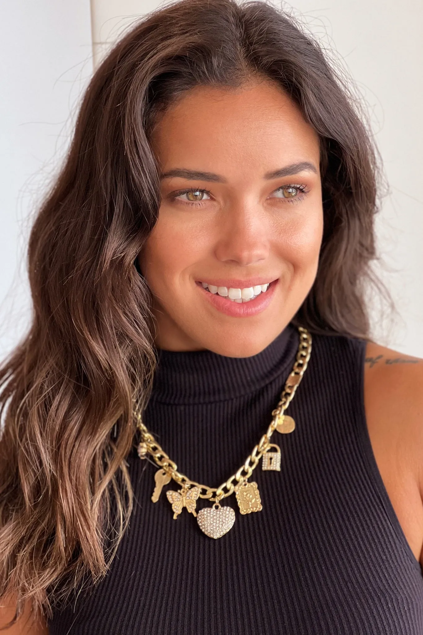 Gold Chain Necklace With Rhinestone Charms