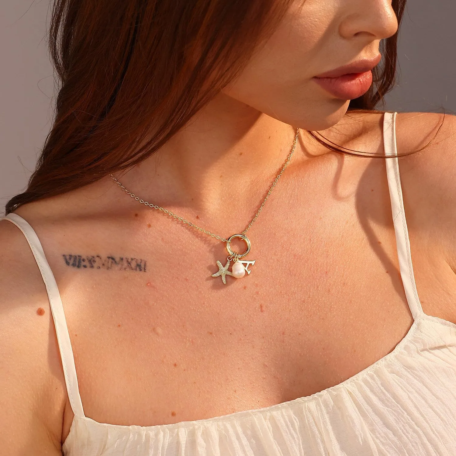 Gold Charm Necklace for Women 14K Gold Plated Initial Necklace Dainty Letter Pearl Starfish Pendant Necklaces for Women Trendy Gold Summer Beach Jewelry