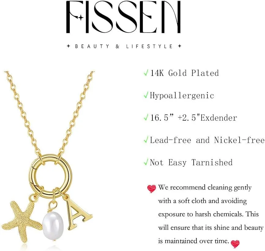 Gold Charm Necklace for Women 14K Gold Plated Initial Necklace Dainty Letter Pearl Starfish Pendant Necklaces for Women Trendy Gold Summer Beach Jewelry