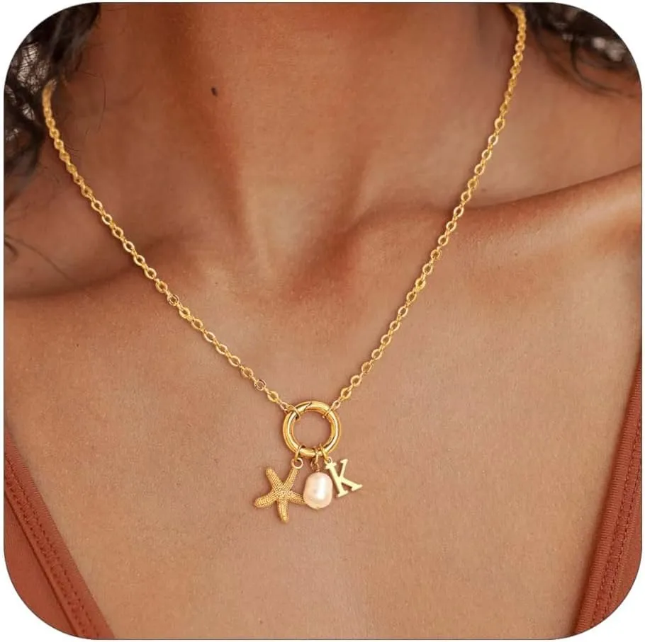 Gold Charm Necklace for Women 14K Gold Plated Initial Necklace Dainty Letter Pearl Starfish Pendant Necklaces for Women Trendy Gold Summer Beach Jewelry