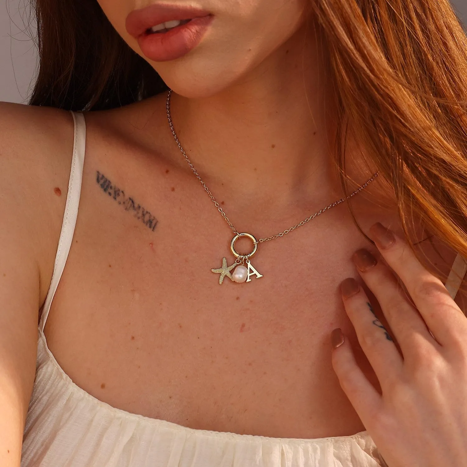 Gold Charm Necklace for Women 14K Gold Plated Initial Necklace Dainty Letter Pearl Starfish Pendant Necklaces for Women Trendy Gold Summer Beach Jewelry