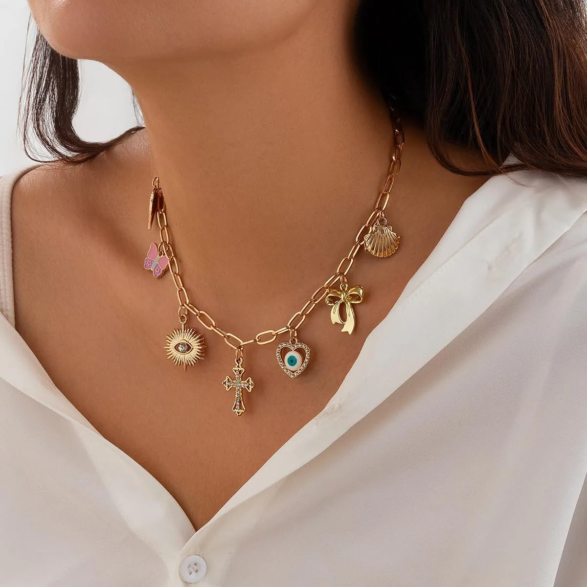 Gold Charm Necklace for Women Gold Starfish Layered Bow Coin Cross Conch Scallop Pearl Pendant Charm Necklaces Layered Choker Necklace