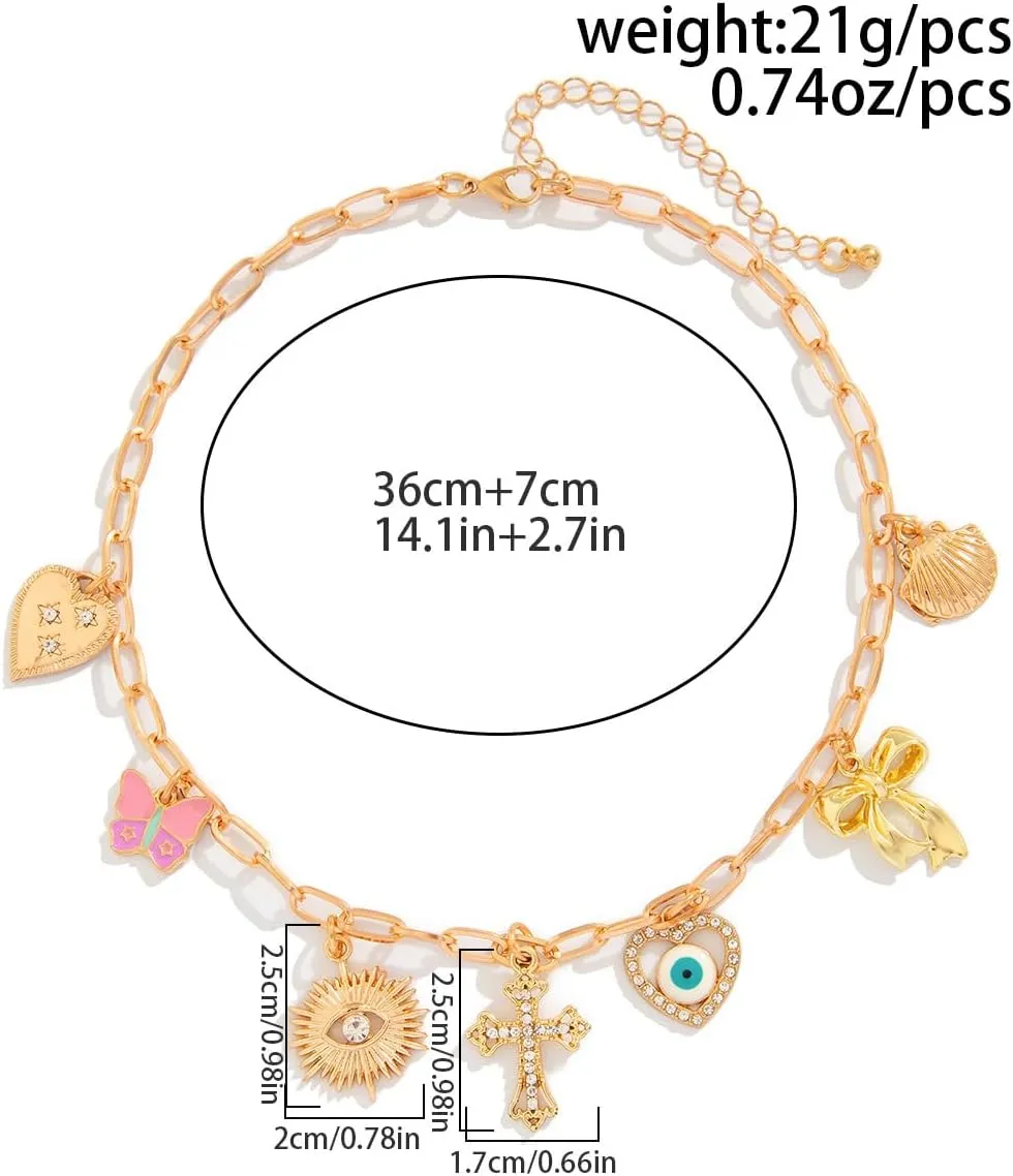 Gold Charm Necklace for Women Gold Starfish Layered Bow Coin Cross Conch Scallop Pearl Pendant Charm Necklaces Layered Choker Necklace