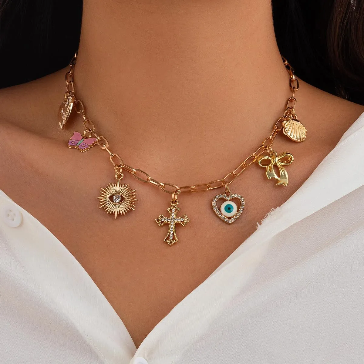 Gold Charm Necklace for Women Gold Starfish Layered Bow Coin Cross Conch Scallop Pearl Pendant Charm Necklaces Layered Choker Necklace