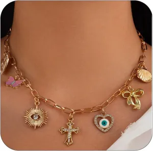 Gold Charm Necklace for Women Gold Starfish Layered Bow Coin Cross Conch Scallop Pearl Pendant Charm Necklaces Layered Choker Necklace